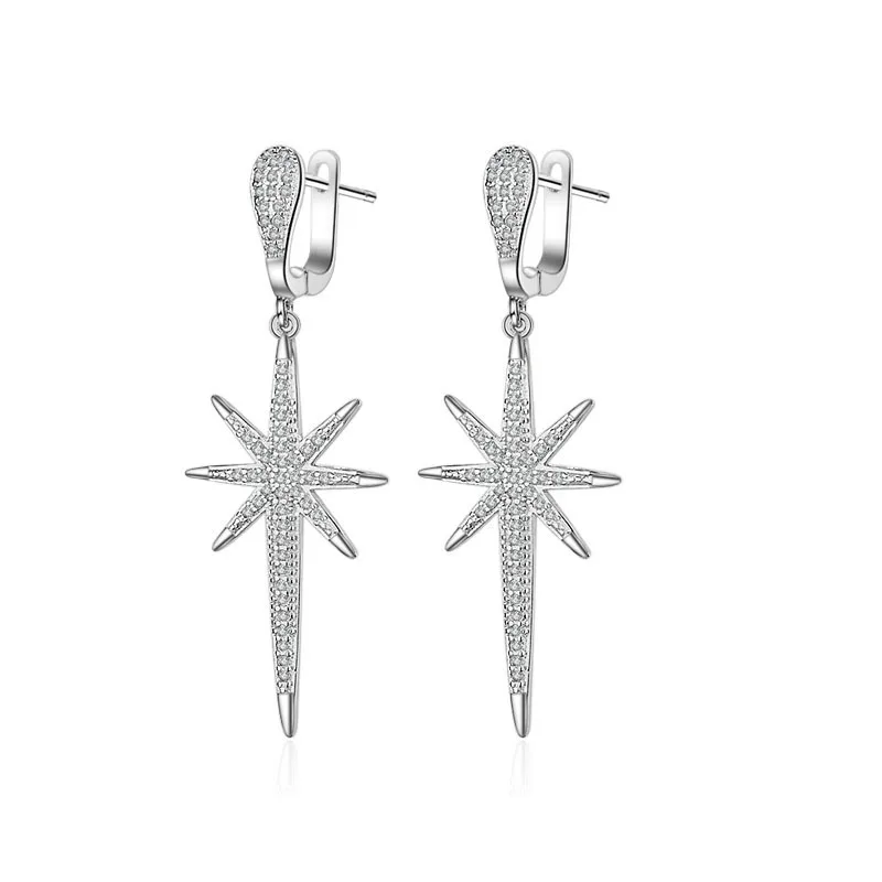 

Solid Sterling Silver Women Long Tassel Earrings Joker Full of Six Awning Stars Earrings Female Ear Jewelry