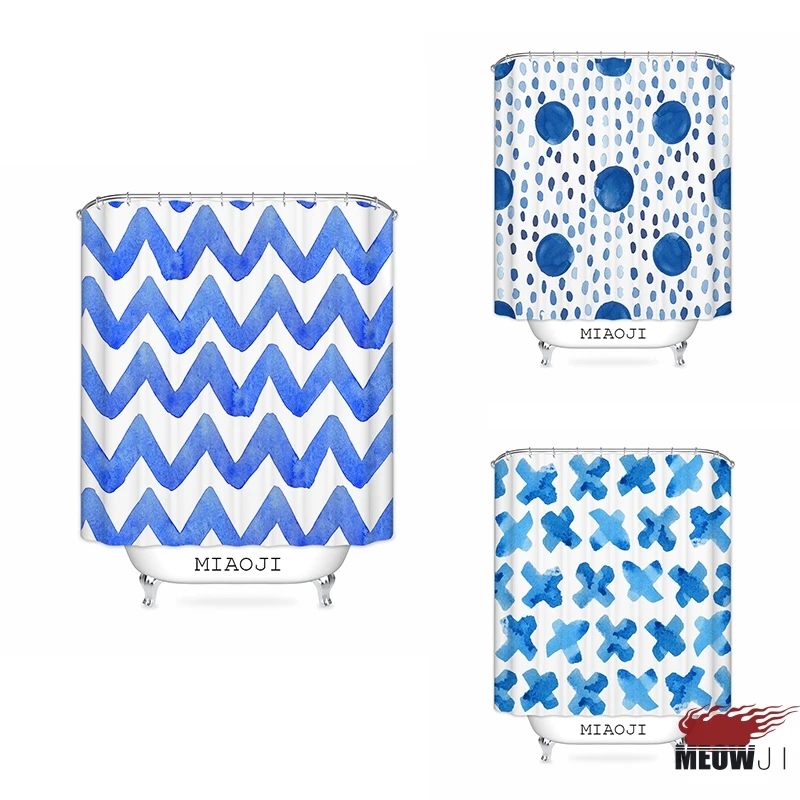 [MIAOJI] Trendy Geometric Pattern Watercolor Silence Blue Shower Curtain Multi Sizes Bathroom Decor Free Shipping | Дом и сад