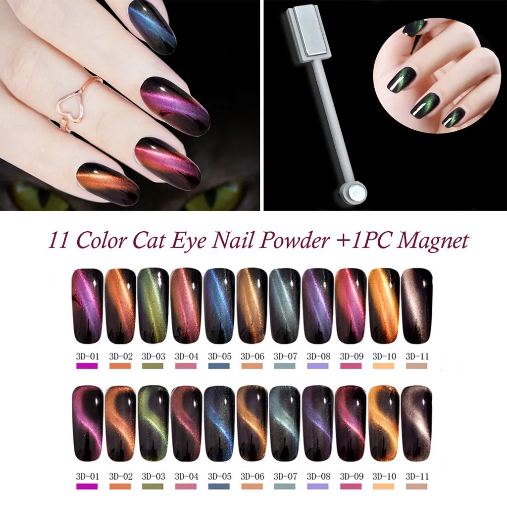 

New Fashion 11 Color Cat Eye Symphony Nail Powder Neon Flash Mirror Nail Art Powder With 1PC Double Head Magnet Rod New Arrival