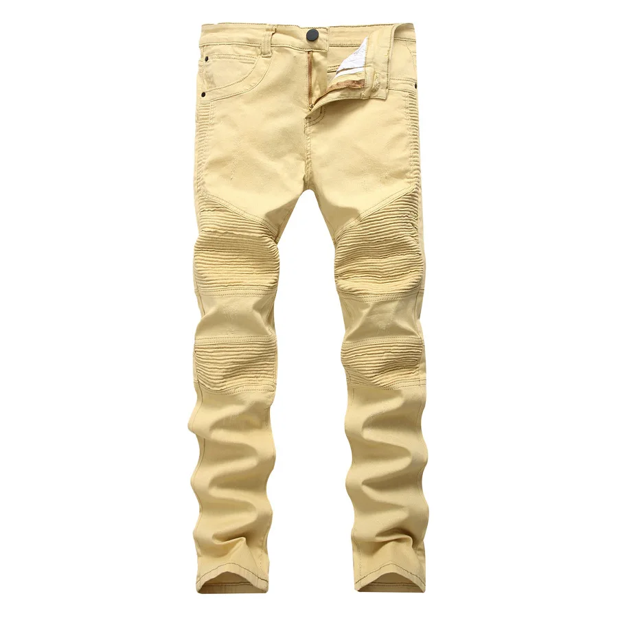 

New Fashion Men's Biker Jeans Pants Slim Fit Pleated Motocycle Denim Trousers Brand Designer High Elastic Khaki Ripped Jeans