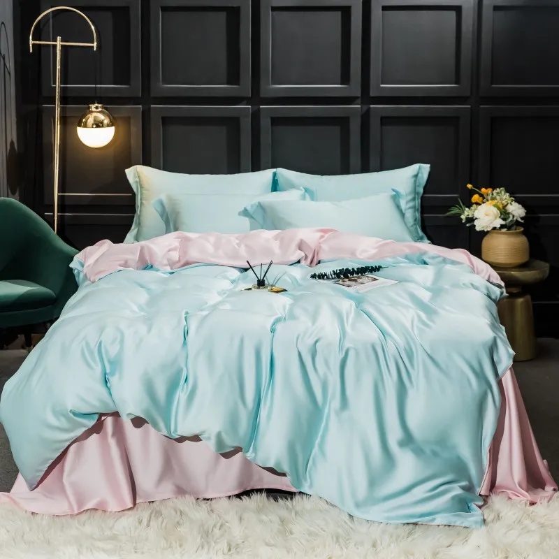 

Duvet cover with Bue and Pink 2 color Fresh Simple style Bedding Set Queen King size High Thread Count Long Staple Bed sheet set