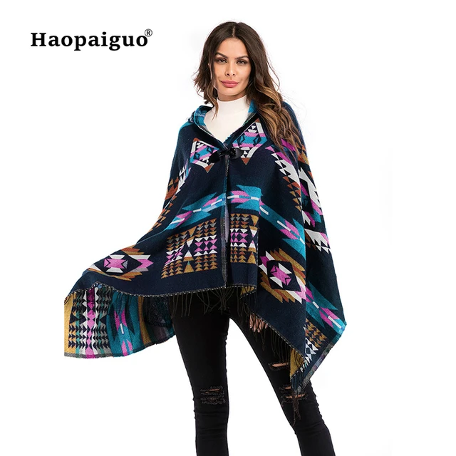 Disc Print Winter Cape Coat Women Long Sleeve Inside Folk Outerwear Coat 2018 Autumn Casual Knitting Cotton Cloak Overcoat Tassel