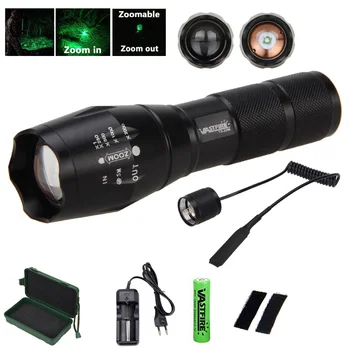 

800 LM Tactical Flashlight Zoomable GREEN/RED Q5 LED Torch Adjustable Focus Light with 18650 Battery Set+Mount for Hunting