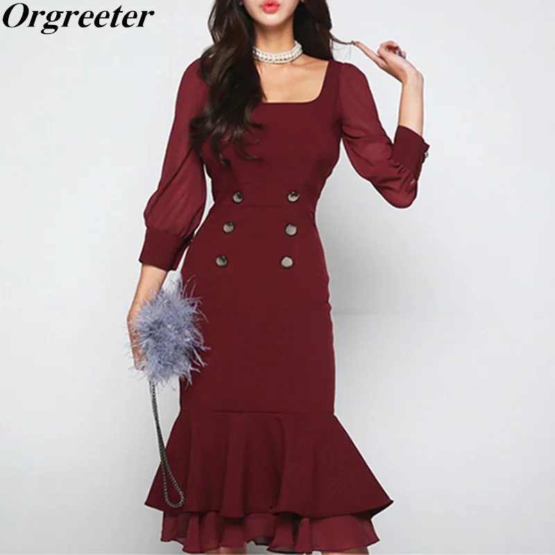 

OL Solid Three quarter Sleeve Double-ruffles Hem Double-breasted Fishtail Dress Women Spring Bodycon Work Mermaid Dress