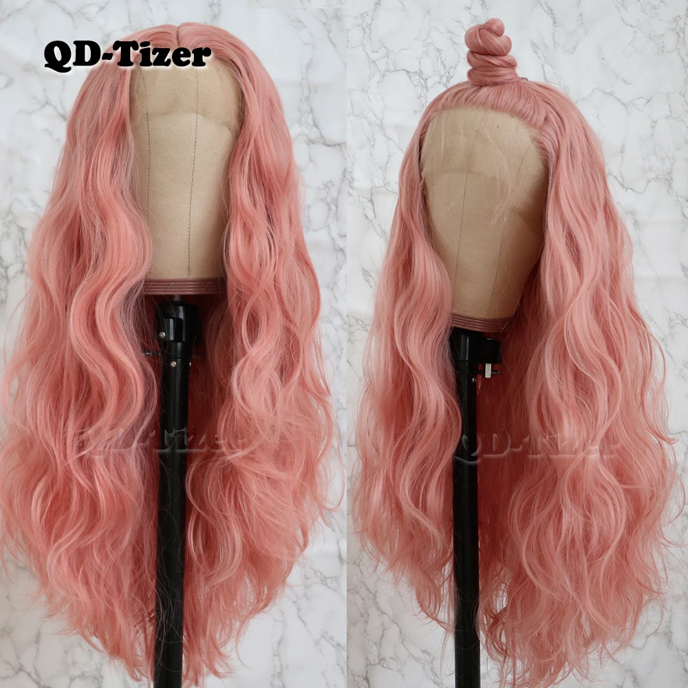 

QD-Tizer Long Pink Hair Loose Wave Hair Lace Wigs Free Part Glueless Synthetic Lace Front Wigs for Fashion Women