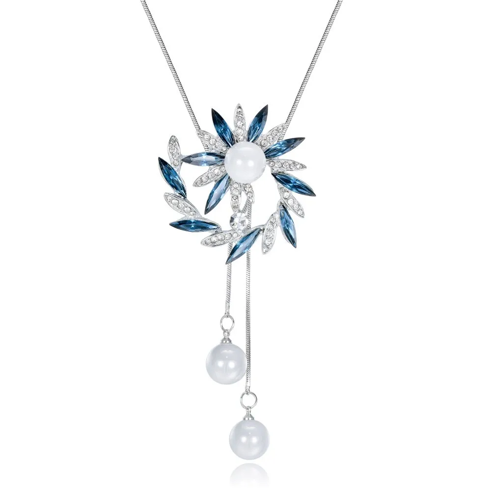 Cystal Длинные ожерелья для женщин ювелирные изделия Мода искусственный жемчуг цветок колье и подвески свитер цепь колье - Окраска металла: Blue