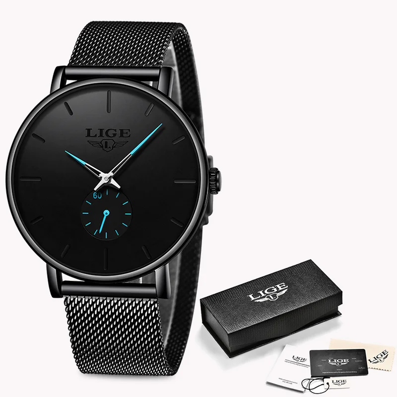 LIGE новые модные спортивные для мужчин s часы лучший бренд класса люкс водостойкий Простой ультра-тонкий часы для мужчин кварцевые наручные часы Masculino - Цвет: Black blue