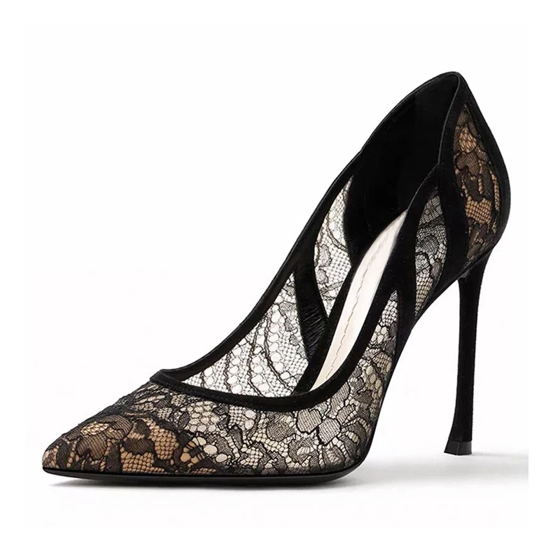 

Black Embroidery Lace High Heels Pumps Breathable Mesh Pointed Toe Sexy Women Shoes Slip On Summer Party Leather Stilettos