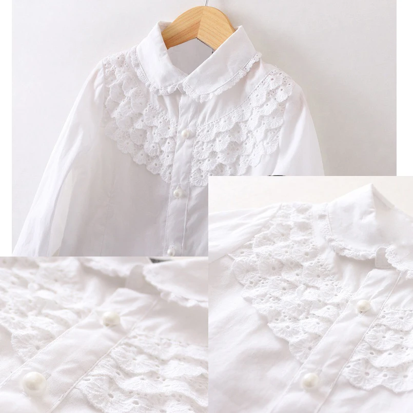 Белая блузка с длинным рукавом для девочек хлопковые школьные рубашки для девочек школьная форма с кружевом на возраст 5 9 11 и 13 лет осенне-весенняя детская одежда