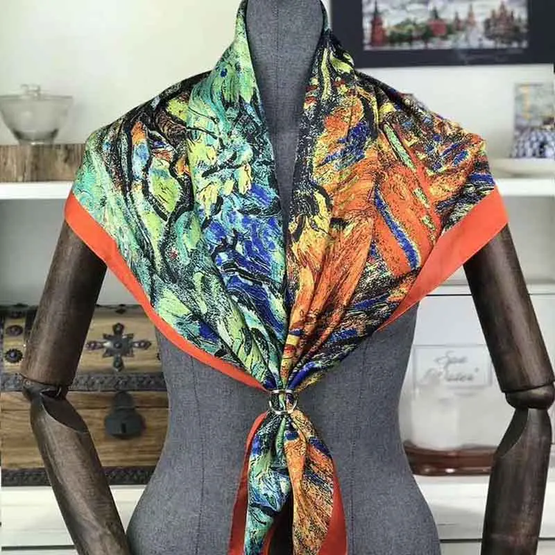 Роскошный дизайнерский натуральный шелковый шарф для женщин, брендовые Дизайнерские шарфы, весна-осень, Ван Гог, картина маслом, квадратные шарфы - Цвет: 4