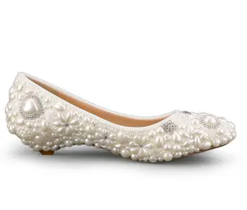 

Plus size low wedges heel white pearls wedding shoes woman NQ034 handmade luxury bridal party dinner proms dress dancing shoe