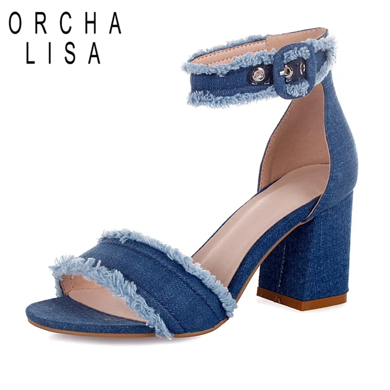 

ORCHA LISA Plus size 43 summer women Denim shoes Peep toe 6 cm thick high heel sandals blue jeans ankle strap dress footwear