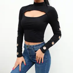 Пикантные глубокий вырез короткий топ водолазка для женщин укороченный одежда в стиле Панк Rave Moda Mujer 2019 с длинным рукавом укороченный топ