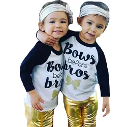 Коллекция 2017 года модная одежда для маленьких мальчиков и девочек футболка осенняя футболка с надписью и бантом для мальчиков и девочек