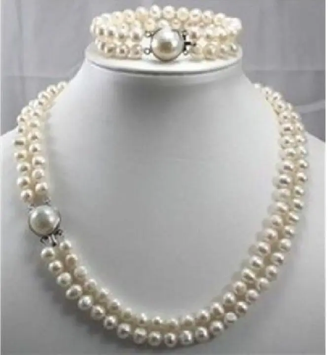 

2 strands + 9-10mm Australian south sea white pearl necklace bracelet 18 inch