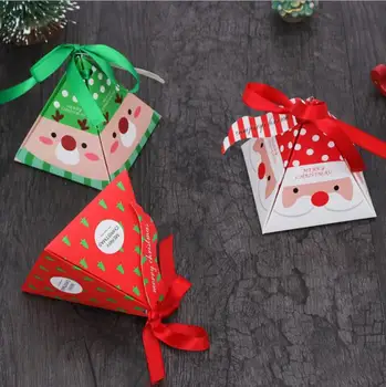 

30pcs Merry Christmas Gifts Boxes Santa Claus Snowman Xmas Tree Pyramid Candy Box Cookies Packaging with Bow Kids Favors