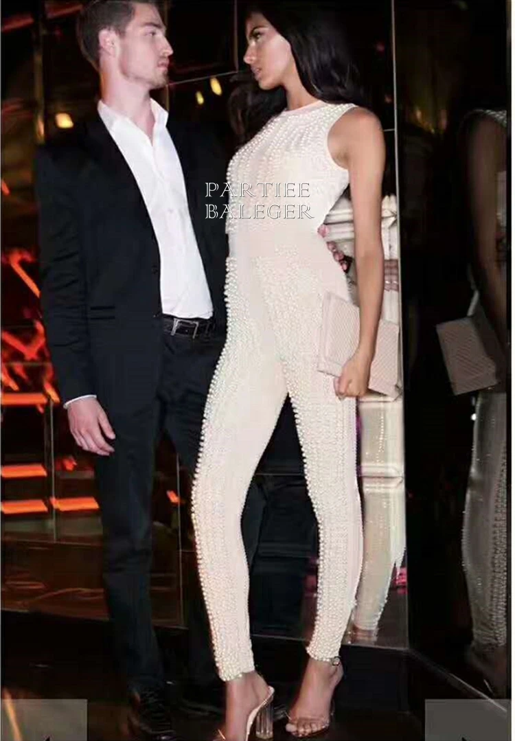Soirée Parti Célébrité noir Maigre Sexy Sans Élégante Mode Nouvelle Embelli Beige Manches Luxe 2019 Salopette Arrivée Perles De xqRO6nHgw