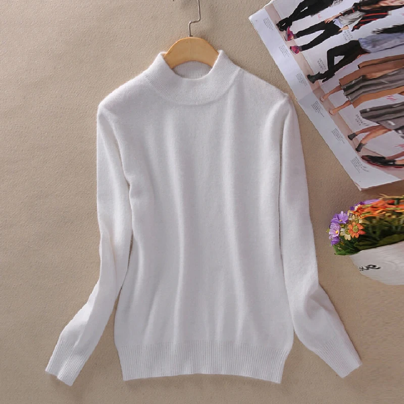 

Women Sweater Pullover Basic Rib Knitted Cotton Tops Solid Cashmere Blended Sweater Tops Autumn Winter Warm Slim Knitted