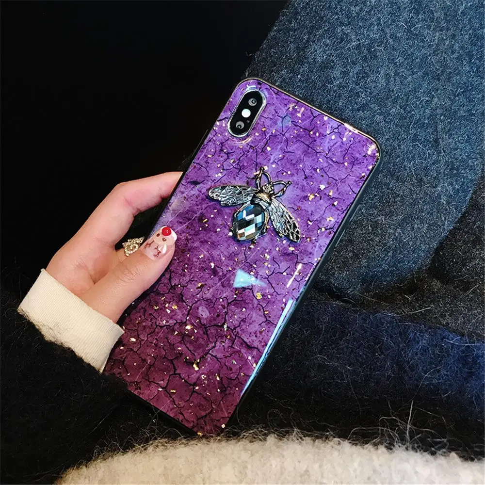 Luxury Green Diamond Crack Marble Phone Case For iphone 7 8 6 6s Plus Bee With Wing Funda cover for iphone XS MAX XR X back   (9)