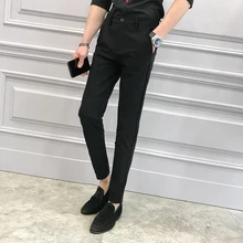 Новые весенние Мужская Мода Повседневное черный Цвет эластичная манжета в западном стиле брюки на подтяжках темно-синий тонкий полной длины зауженные брюки Male29-38