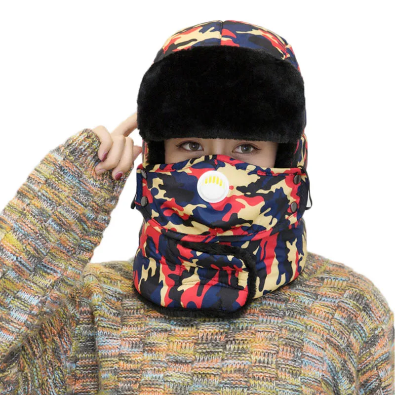 Winter Thermal Hiking Caps,Camouflage Warm Ear Neck Protector with Breathing Valve,Women Men Sports Ski Hats facemask - Цвет: Camouflage Red