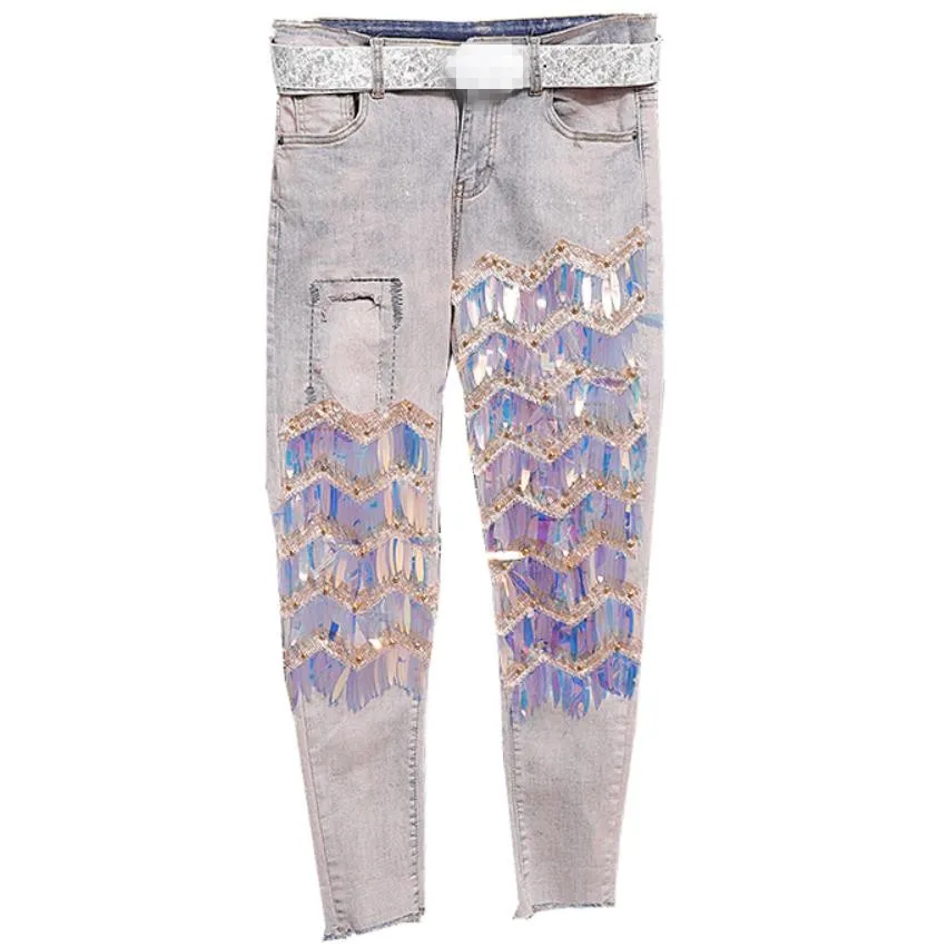 

2019 autumn fashion sequined jeans women new wild sequins stretch skinny pencil jeans plus size