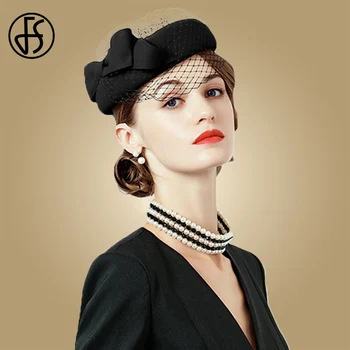 

FS Elegant Fascinator Ladies Khaki Black Wool Felt Hats For Women Wedding Fedora Vintage Bow With Veil Mesh Pillbox Hat