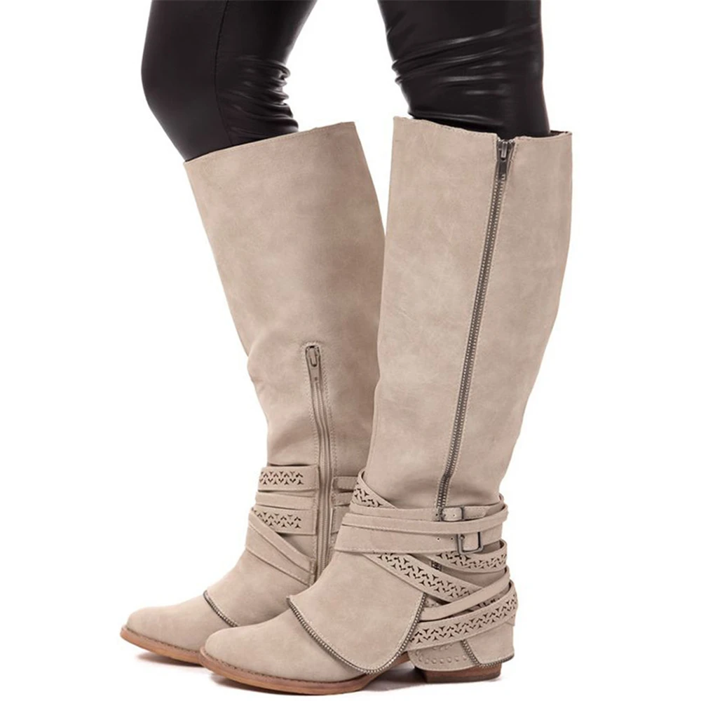 

Women Knee High Riding Boots Buckle Straps Zipper Low Heel Motocycle Boots