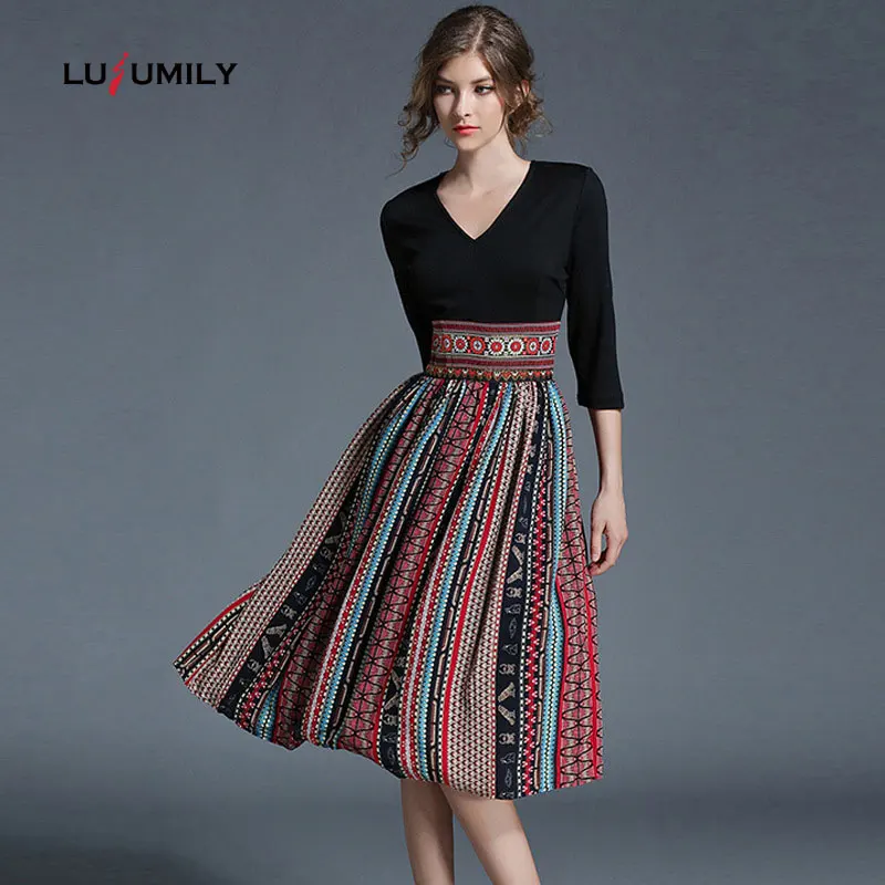 

Lusumily Spring New Printing Casual Women Dress Retro Big Swing Sexy V-neck Slim Party Chiffon Half Sleeve Long Dresses Vestidos