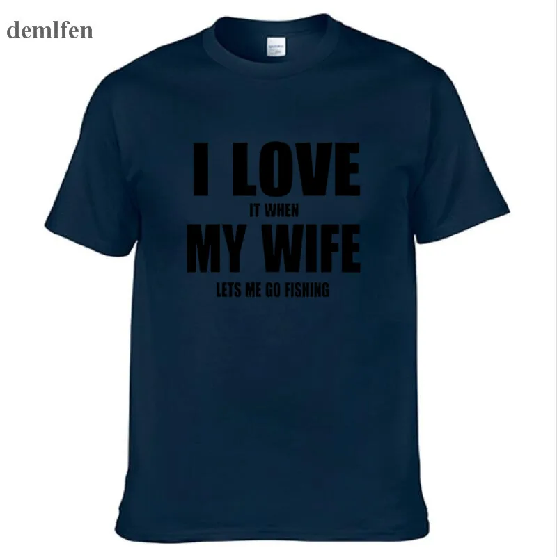 Лидер продаж, модная одежда, повседневная хлопковая забавная футболка с надписью «I Love My Wife Fishinger» для мужчин, футболки с коротким рукавом, топы - Цвет: Navy
