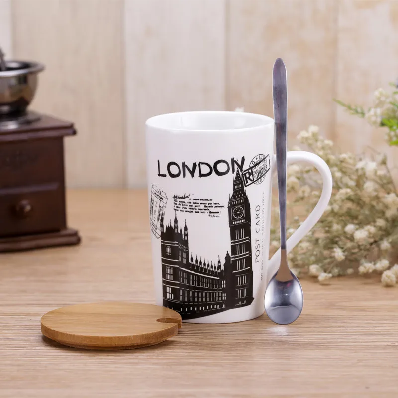 Европа Стиль известного лондонского, Париж зданий Кофе кружки с ложкой Керамика кружки с крышками молока кружка, кружка для чая термос бутылка для воды