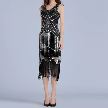 

Elegant V Neck Sleeveless Tassel Hem Middle Sequined Beaded Dresses Women Sexy Shinning Geometric Robe Femme Summer Dress