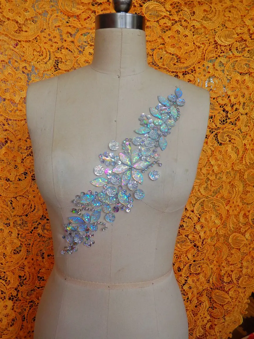 

Handmade crystal patches clear AB colour sew on Rhinestones applique with stones sequins beads 36*10cm for top dress