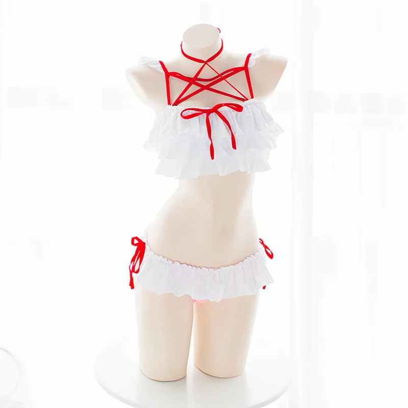 إمرأة مثير ازياء كشكش مجموعة البكيني لوليتا تأثيري ملابس السباحة الخماسي Strappy و Bathingsuit الأرنب خادمة كوس المشجع