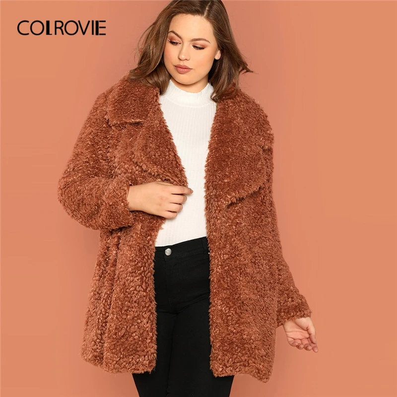 COLROVIE Plus Size Brown Solid Notch Collar Cardigan Winter Long Teddy