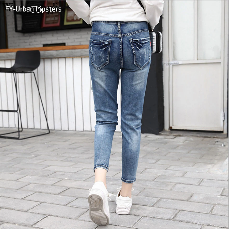 Женские джинсы длиной до щиколотки, эластичные джинсовые брюки-карандаш из хлопка с дырками, Женские джинсы-шаровары, Стрейчевые джинсы размера плюс, рваные джинсы-бойфренды