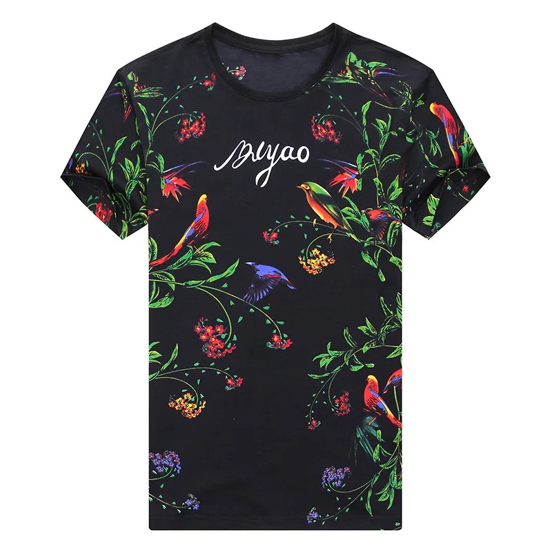 BY9801 Изысканные цветы и птицы полный принт короткий рукав t shrit Summer2019 Новая высококачественная хлопковая Мягкая дышащая футболка для мужчин