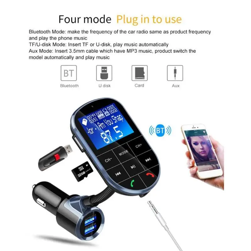 Bluetooth Беспроводной FM передатчик MP3 дисплей проигрывателя двойной зарядное устройство usb