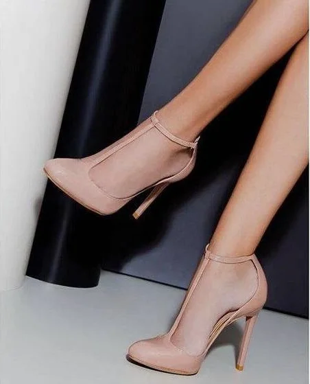 

Customized Nude Leather Women Shoes High Heels Round Toe T-bar Ankle Strap Banquet Dress Shoes Ladies High Heels Pumps 12cm