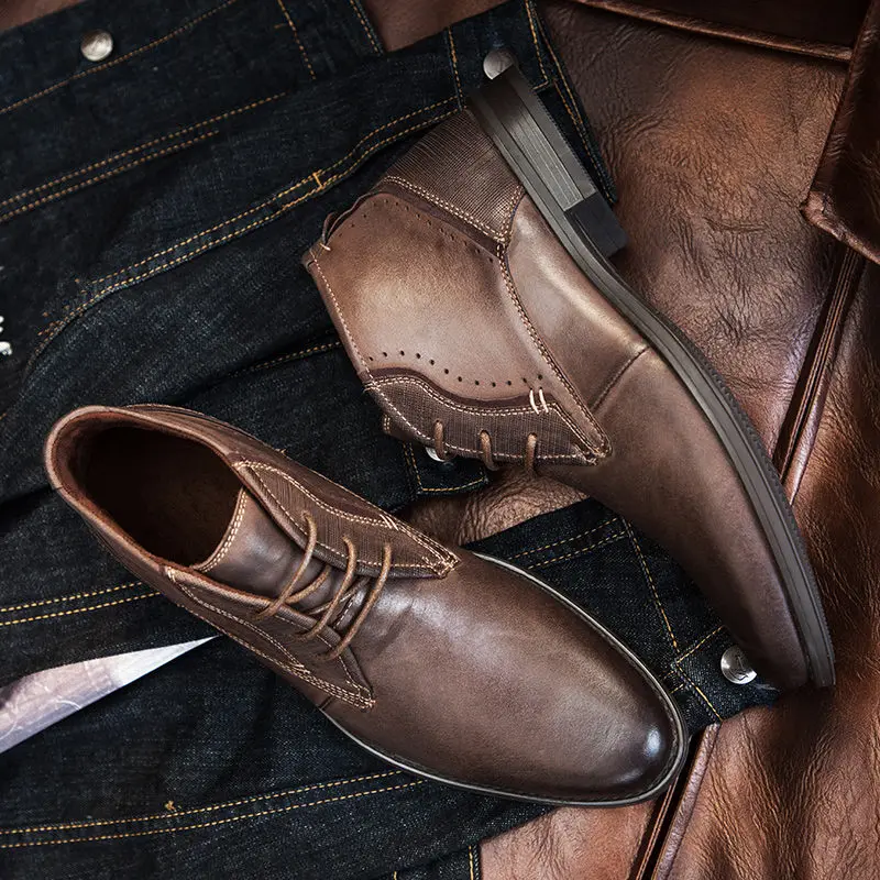 Мужские ботинки из натуральной кожи с острым носком; деловые мужские оксфорды в стиле ретро; повседневные ботильоны; зимние ботинки-дезерты; размеры США 7-11 - Цвет: Coffe