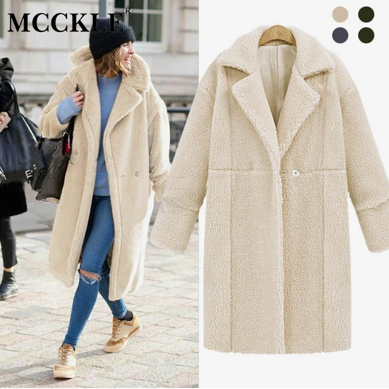 MCCKLE Women Winter Faux Fur Coat 2018 New Thicken Lambwool Solid Long Coat Overcoat Female Loose Warm Lamb Fur Jacket Outerwear