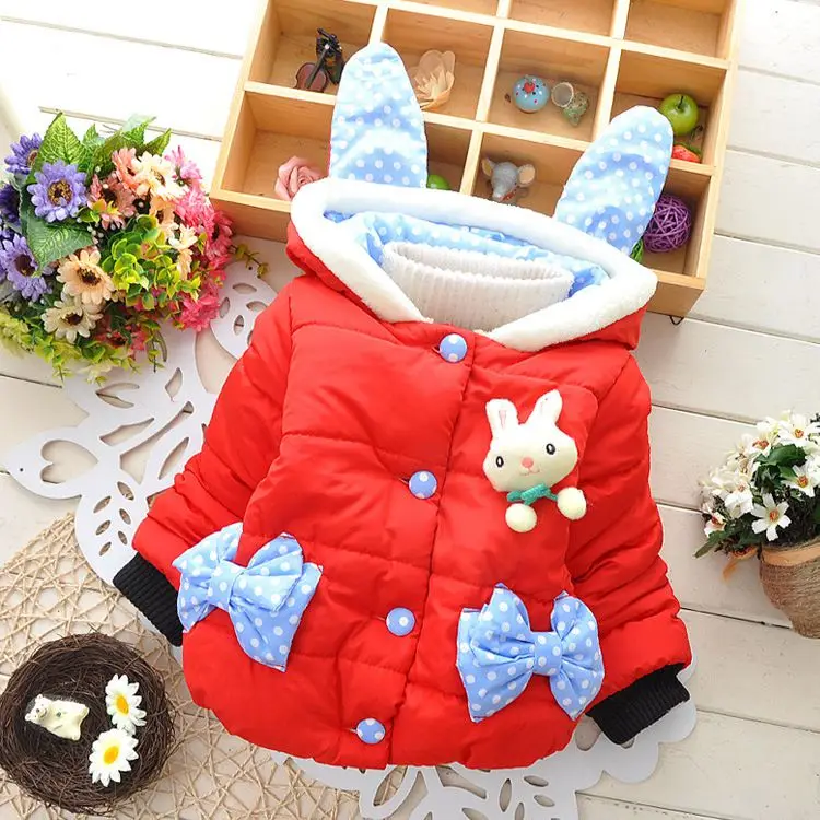 Пальто для маленьких девочек; сезон осень-зима детские куртки модная детская парка с капюшоном и рисунком Кролика Теплые пальто с хлопковой подкладкой с цветочным рисунком