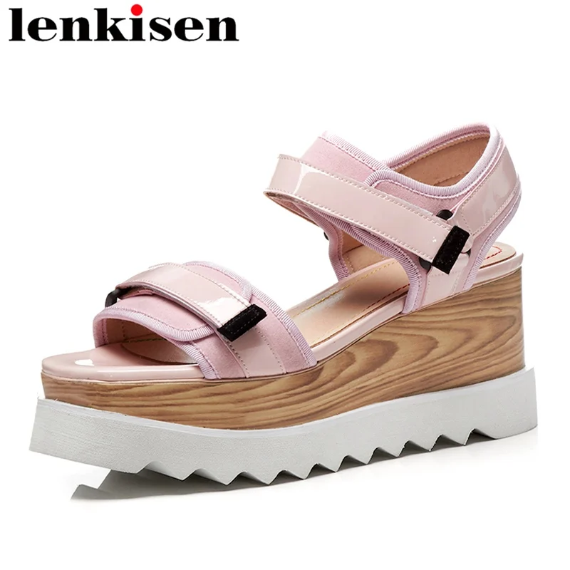 

Lenkisen 2018 superstar peep toe brand casual shoes platform Hook & Loop elegant high heels wedge increased women sandals L13