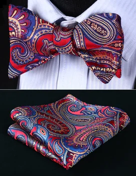 

Pocket Square BP926RS Red Blue Paisley Bowtie Men Silk Self Bow Tie handkerchief set