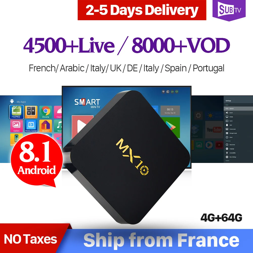 Arabic France IPTV 1 Year Subscription MX10 Android 8.1 4+64G RK3328 Portugal Turkey French UK IPTV Code IP TV Set Top Box SUBTV
