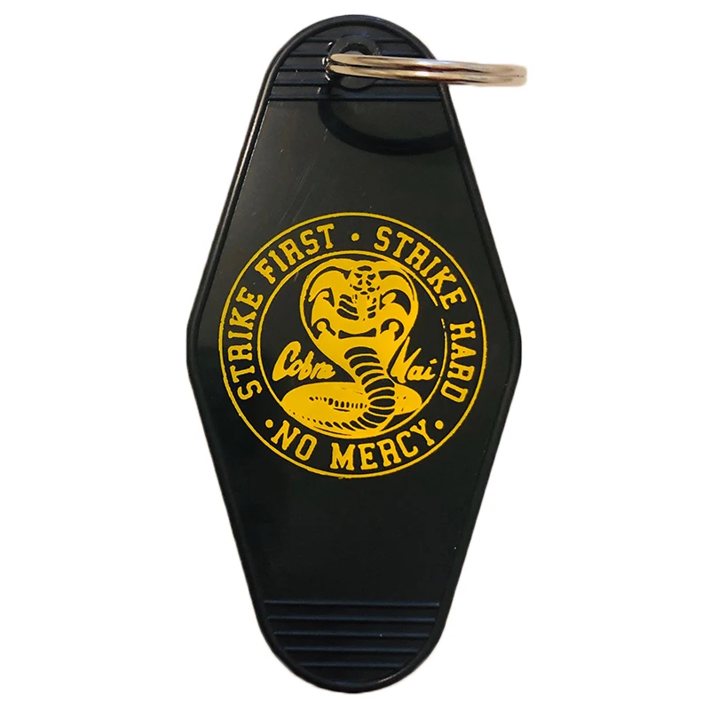 

Cobra Kai keychain strike first strike hard no mercy key tag inspired by Karate Kid DC movie superhero key ring