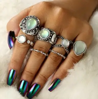 

7pcs/Set Vintage Antique Silver Water drop Opal Stone Knuckle Finger Midi Rings Set for Women Bohemian Jewelry