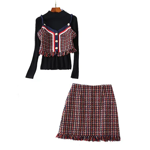 Nieuwste Fashion 2018 Runway Suit Set vrouwen Coltrui Tweed Mini Rok Set 3 stks Sets Swallow Grids Kwastje tweed Knit