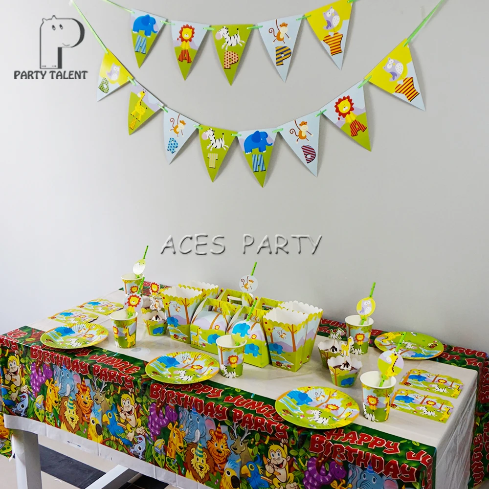 Pour 8 Enfants 66 Pieces Jungle Safari Animaux Theme Fete D Anniversaire Fournitures Vaisselle Ensemble Plaque Paille Verre Boite A Bonbons Invitation Etc Aliexpress