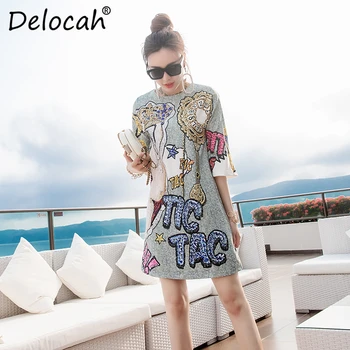 

Delocah Women Spring Summer Dress Runway Fashion Designer Half Sleeve Gorgeous Crystal Vintage Printed Loose A-Line Ladys Dress